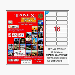 Tanex TW-2016 Hazır Etiket A4 99,1 x 34 mm Lazer Etiket 100 Adet